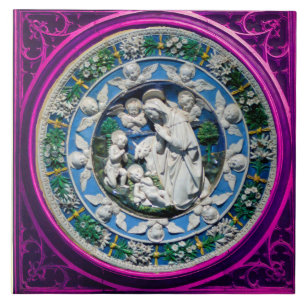 AZULEJO DE CERÂMICA  MADONNA COM CRIANÇA E A COROA FLORAL DOS ANJOS