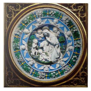 AZULEJO DE CERÂMICA  MADONNA COM CRIANÇA E A COROA FLORAL DOS ANJOS