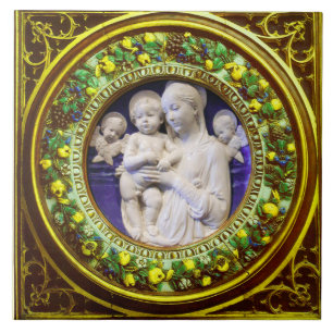 AZULEJO DE CERÂMICA  MADONNA COM CRIANÇAS, ANGELAS RENAISSANCE CROWN F