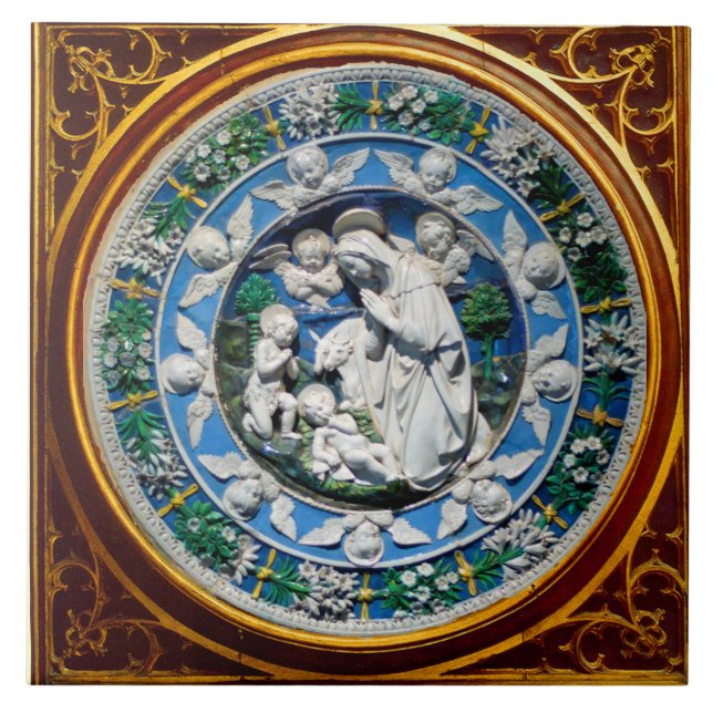 AZULEJO DE CERÂMICA  MADONNA COM CRIANÇAS E ANGELAS CROWN FLORAL (Frente)