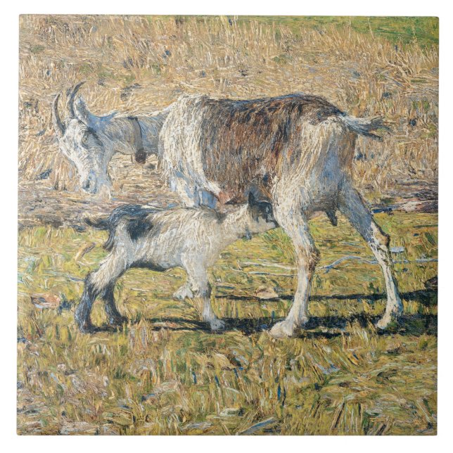 Azulejo De Cerâmica Madre Goat com seu Jovem Criança (por Segantini) (Frente)