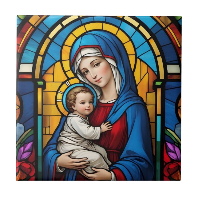 Azulejo De Cerâmica Mãe Abençoada Mary e Jesus Bebê - Virgem Maria (Frente)