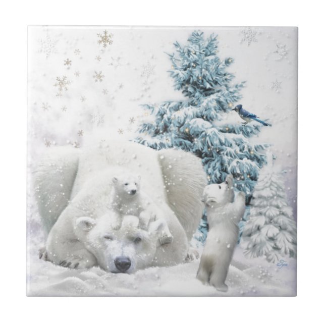 Azulejo De Cerâmica Mãe de Urso Polar Cansado com Bebês (Frente)