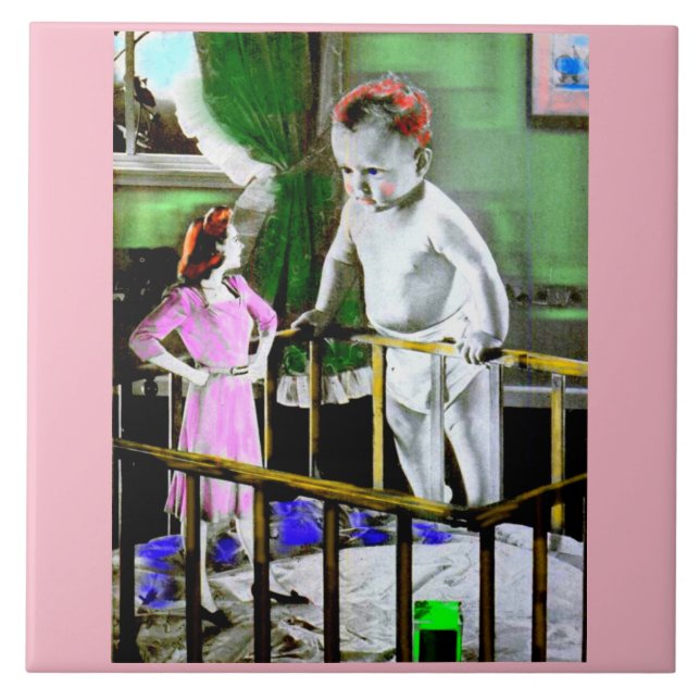 Azulejo De Cerâmica Mãe dos anos 40 e seu bebê gigante (Frente)