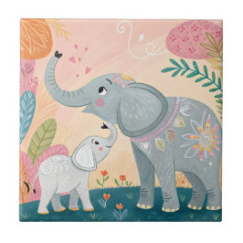 Azulejo De Cerâmica Mãe e Bebê Elefante