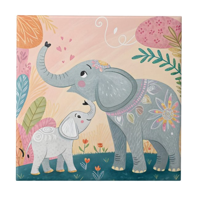 Azulejo De Cerâmica Mãe e Bebê Elefante (Frente)