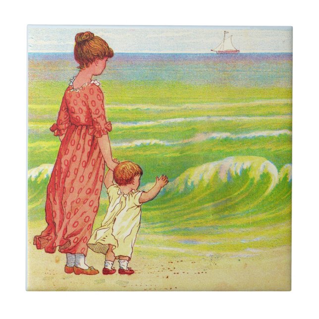 Azulejo De Cerâmica mãe e bebê na praia (Frente)