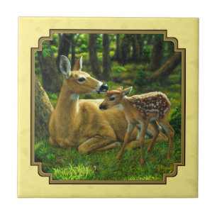 Azulejo De Cerâmica Mãe e Bebê Whitetail Deer Yellow