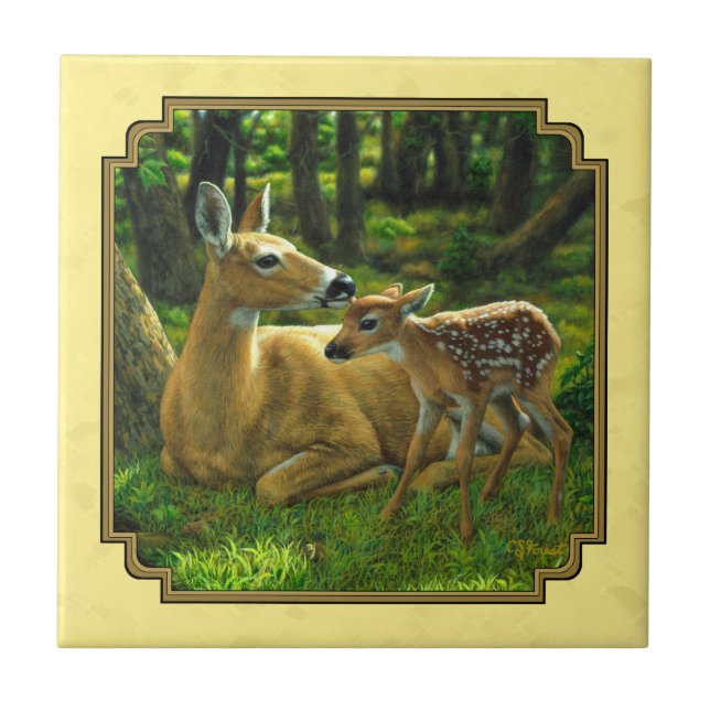 Azulejo De Cerâmica Mãe e Bebê Whitetail Deer Yellow (Frente)