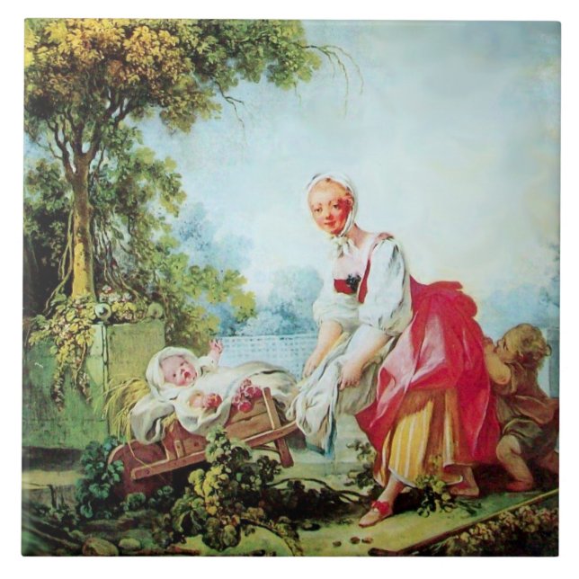 Azulejo De Cerâmica Mãe e Criança no Wheelbarrow por Fragonard (Frente)