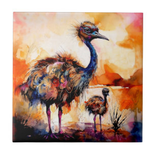 Azulejo De Cerâmica Mãe Emu e Filhote no Outback da Austrália