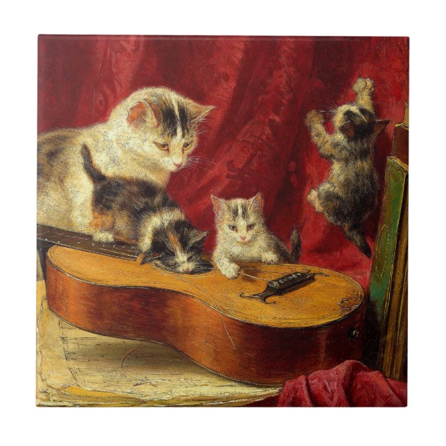 Azulejo De Cerâmica Mãe Gato e Gatinhos Brincando com Violão (Frente)