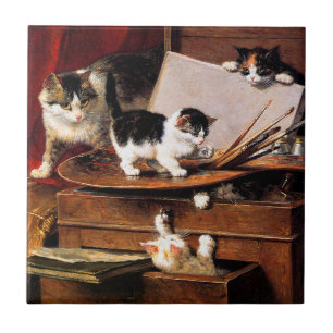Azulejo De Cerâmica Mãe Gato e Gatinhos na Mesa