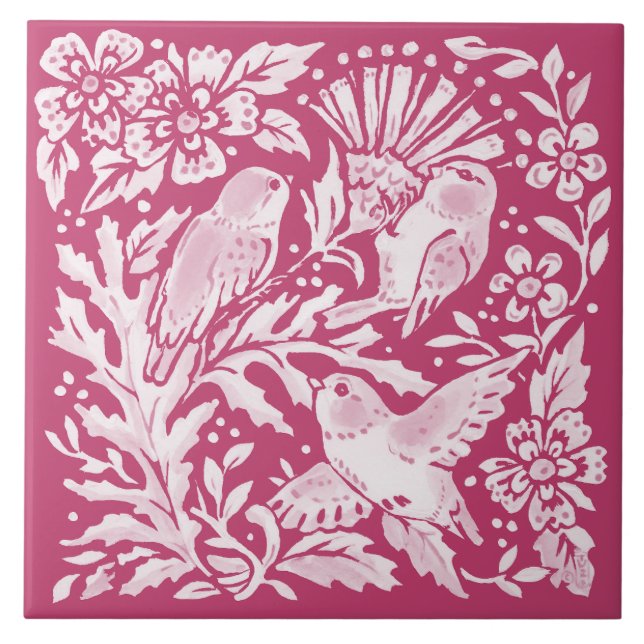 Azulejo De Cerâmica Magenta Bird Trio Thiste Nature Woodland Floral (Frente)