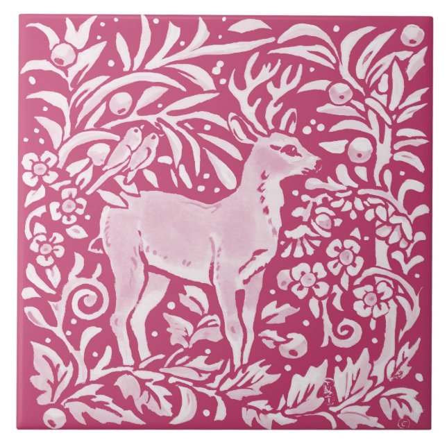 Azulejo De Cerâmica Magenta Deer Bird Nature Woodland Floral (Frente)
