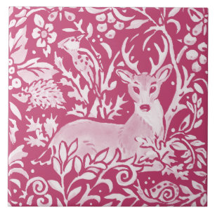 Azulejo De Cerâmica Magenta Deer Hedgehog Bird Nature Woodland Floral
