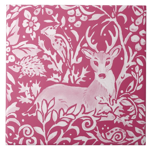 Azulejo De Cerâmica Magenta Deer Hedgehog Bird Nature Woodland Floral (Frente)