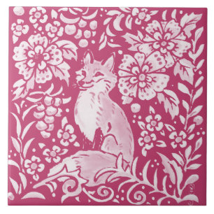 Azulejo De Cerâmica Magenta Fox Animal Nature Woodland Floral