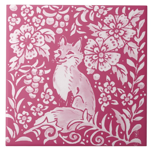 Azulejo De Cerâmica Magenta Fox Animal Nature Woodland Floral (Frente)