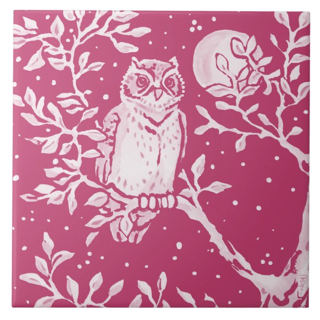 Azulejo De Cerâmica Magenta Owl Night Moon Animal Woodland (Frente)