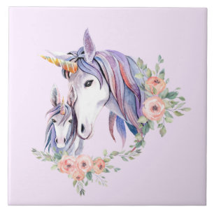 Azulejo De Cerâmica Mágico Unicórnio Mãe e Baby Watercolor