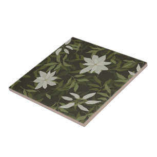 Azulejo De Cerâmica Magnolia e folhas verdes em preto