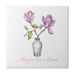 Azulejo De Cerâmica Magnólia Rosa Botânica em Aquarela