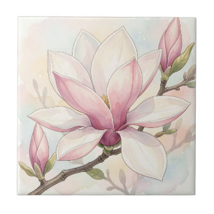 Azulejo De Cerâmica Magnólia Rosa Delicada em Aquarela em Flor