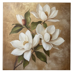 Azulejo De Cerâmica Magnolias brancas em Dourado plano