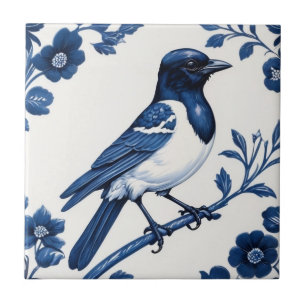 Azulejo De Cerâmica Magpie como Bird Delft Blue e White Floral