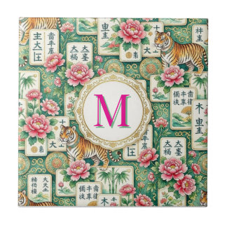 Azulejo De Cerâmica Mahjong Chinoiserie Floral Monogram Personalized