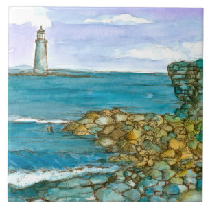 Azulejo De Cerâmica Maine Lighthouse Rocky Coastline Ocean