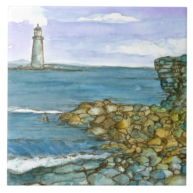 Azulejo De Cerâmica Maine Lighthouse Rocky Coastline Ocean (Frente)