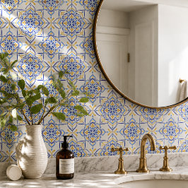 Azulejo De Cerâmica Majestic Bloom Elegant Blue and Gold Floral Mosai
