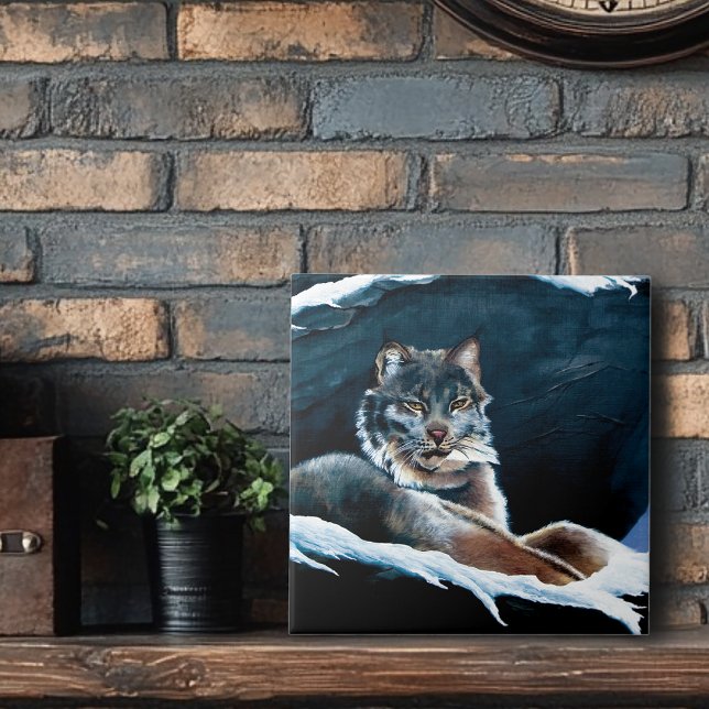 Azulejo De Cerâmica Majestoso Lince de Inverno Descansando na Montanha (Criador carregado)