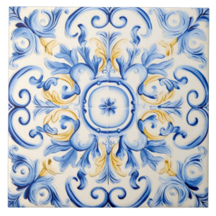 Azulejo De Cerâmica Majolica: Azul e Dourado