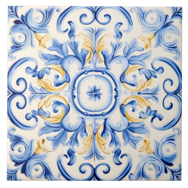 Azulejo De Cerâmica Majolica: Azul e Dourado (Frente)