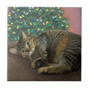 Azulejo De Cerâmica Mal-chefe feliz - Gatinho de Natal