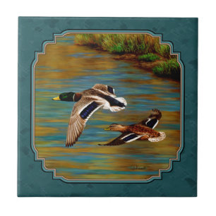 Azulejo De Cerâmica Mallard Ducks em Teal de Voo