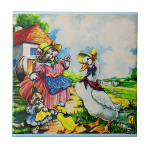 Azulejo De Cerâmica Mamãe gatinho e patos de visita de gatinho de beb