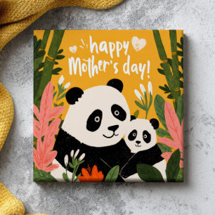 Azulejo De Cerâmica Mamãe Panda & Filhote Adorável Vida Selvagem Feliz