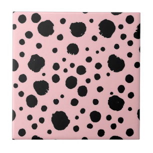 Azulejo De Cerâmica Manchas de Tinta Preta com Padrão de Bolinhas Rosa