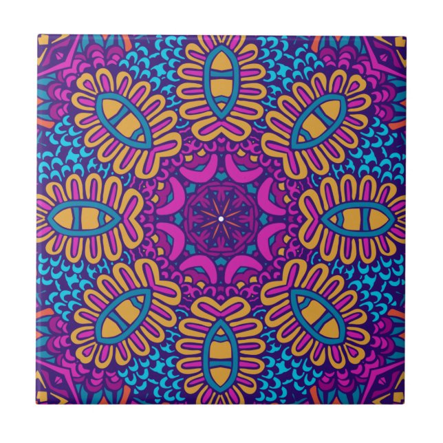 Azulejo De Cerâmica Mandal Floral Roxo, Teal, Laranja e Abstrato Doura (Frente)