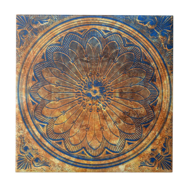 Azulejo De Cerâmica Mandalá Arabesco Caleidoscópio Abstrato Bronze (Frente)