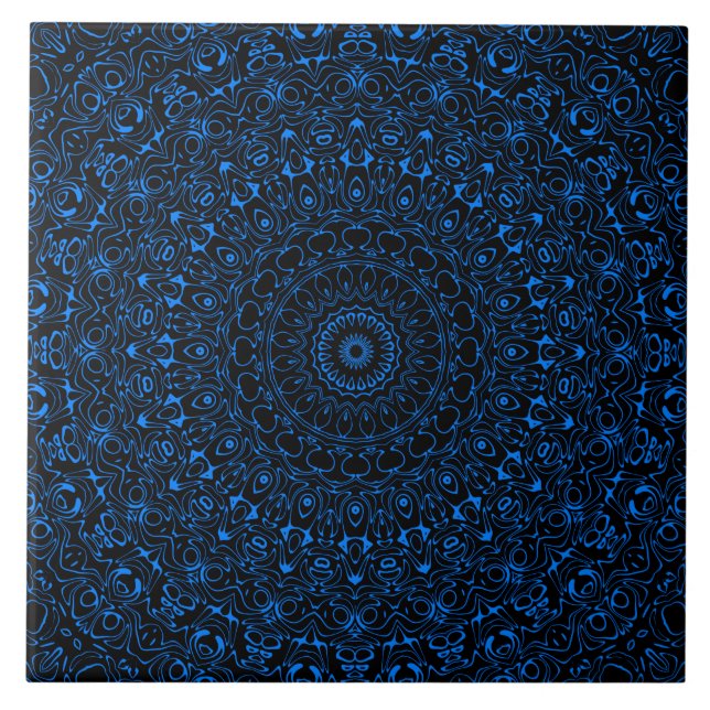 Azulejo De Cerâmica Mandalá Azul Azure com Simetria Hipnótica (Frente)