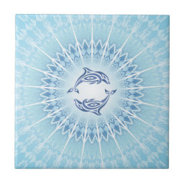 Azulejo De Cerâmica Mandala Azul de Golfinhos Costeiro Oceano