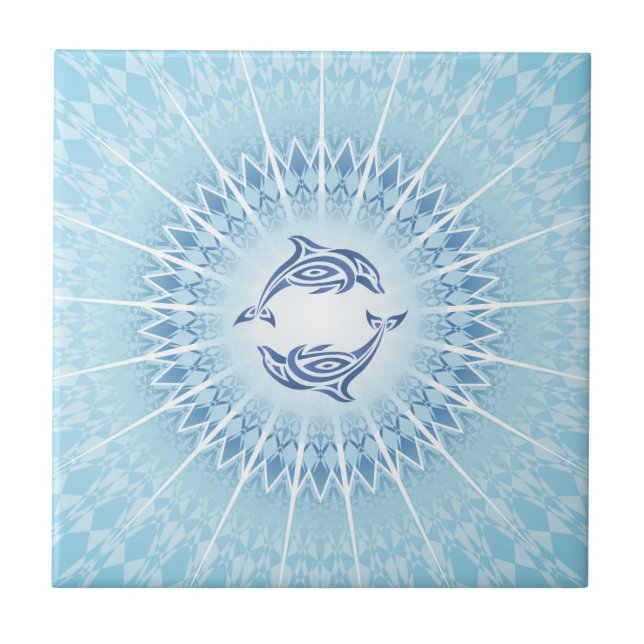Azulejo De Cerâmica Mandala Azul de Golfinhos Costeiro Oceano (Frente)