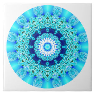 Azulejo De Cerâmica Mandala azul do laço do gelo, Aqua abstrato
