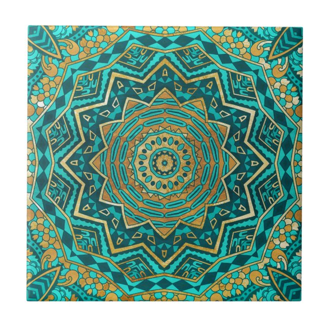 Azulejo De Cerâmica Mandala azul do topázio (Frente)