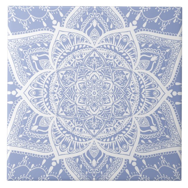 Azulejo De Cerâmica Mandala azul e branca - Loergann em Blueberry (Frente)